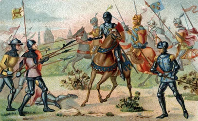 BATALHA DE ROSEBECQUE em 27 de Novembro de 1382 (Rozebeke, Bélgica). Cromolitografia do final do século XIX.