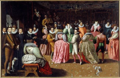 Bal na corte do Rei Henrique III e da Rainha Catarina de Medicis (Caterina de Medici) conhecida como Bal do Duque de Alencon Os soberanos estão representados à esquerda, incluindo a Rainha Margot (Margarita de Navarra ou Valois (1553-1615). Pintura do F