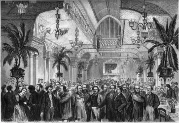 Banquete do jornal "Le Figaro", oferecido em 6 de fevereiro de 1864 no salão do Restaurante du Passage des Princes em Paris, com a presença de jornalistas, escritores, artistas... Presente, da esquerda para a direita: Nestor Roqueplan, Mme. Ugalde, de Mont