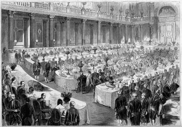 Banquete organizado em 14 de agosto de 1859 por Napoleão III na Sala de Estado do Pavilhão Denon no Louvre (Paris) em homenagem aos soldados do exército italiano após sua vitória no Risorgimento em 1859. Gravura no "Le Monde Illustré" n°124 de 27