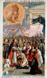 Batismo e coroação de Clóvis na Catedral de Reims, em 25 de dezembro de 496, por São Remígio, bispo de Reims.