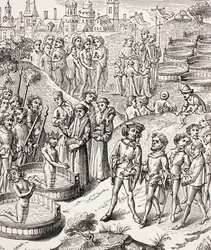O Batismo dos Saxões conquistado por Carlos Magno, da Vida Militar e Religiosa na Idade Média por Paul Lacroix, publicado em Londres c.1880