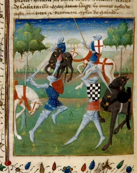 Combate entre o cavaleiro Palamede e Artus (ou Artur) a pequena miniatura retirada do manuscrito "O romance de Tristão" dirigido ao mestre Charlkes do Maine
