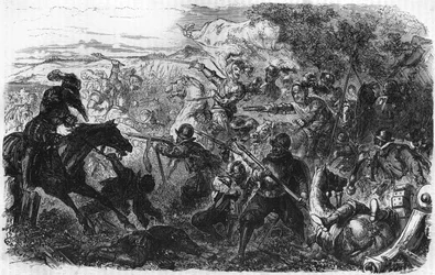 Batalha de Coutras em 1587, ganha por Henri de Navarra, futuro Henrique IV. Em "Histoire Populaire de la France", sd. cerca de 1885. Gravura.