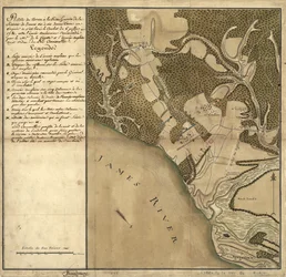 Batalha de Green Spring, Mapa do terreno na margem esquerda do rio James, em frente a Jamestown, na Virgínia, onde teve lugar a batalha de 6 de julho