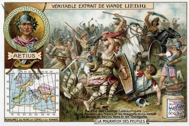 Batalha dos campos de Catalaunique, onde os romanos, os francos e os visigodos, reunidos, derrotaram os hunos e os ostrogodos em 451. Retrato do general romano Aécio - vinheta publicitária de Liébig