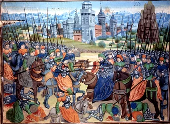 Batalha dos cruzados e das tropas pagãs perto da cidade de Alepo, c.1464 (manuscrito)
