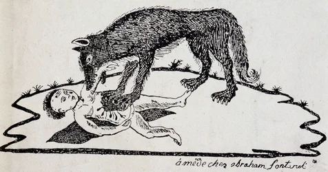 Besta rasgou uma criança (besta do Gévaudan) - gravura em madeira publicada em Mende (Archives du Puy-de-Dôme)
