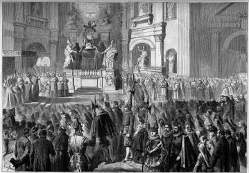 Bênção pelo Papa Pio IX (1792-1878) do altar do púlpito da Igreja de São Pedro em Roma, após a restauração. Altar construído entre 1656 e 1658 por Gianlorenzo Bernini (Bernini