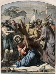 Cena Bíblica - Via Sacra: Jesus ajuda por Simão de Cirene (o Cireneu). Gravura em "Le Pelerin" de 13 de Setembro de 1896.