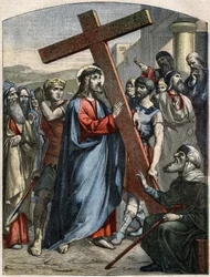 Cena Bíblica - Via Sacra: Jesus é o fardo da cruz. Gravura em "Le Pelerin" de 3 de maio