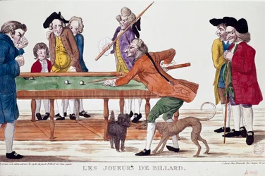 Jogadores de bilhar (termidor do ano 8 do calendário revolucionário) (1800). Desenho animado. Gravura a cores da escola francesa da época revolucionária. Paris, Musee Carnavalet