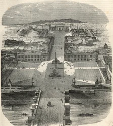 Vista aérea da Place de la Concorde, rue Royale com a igreja da Madeleine - Gravura em "Tableau-de-Paris" de Edmond Texier 1852