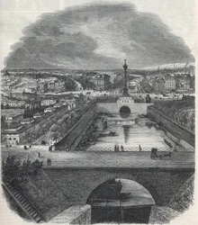 Vista aérea do Canal Saint-Martin (Saint Martin), do Lugar e do bairro da Bastilha, da margem direita do Sena - Gravura em "Tableau-de-Paris" de Edmond Texier 1852