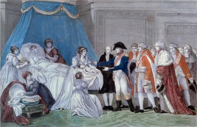 Nascimento do Rei de Roma Napoleão II (François Charles Joseph Napoleão Bonaparte) (1811-1832): cerimónia da certidão de nascimento do filho do imperador Napoleão I (1769-1821), no Palais des Tuileries, a 20/03/1811. Gravura do século XIX. Ile d