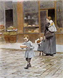 Aniversário Um rapazinho sai de uma pastelaria com o bolo nas mãos. Litografia de Paris do século XIX, artes decorativas