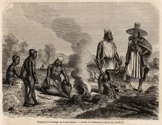 O ferreiro tem o trabalho no Fouta Djalon (Senegal), desenho de Hadamard, para ilustrar a viagem do Tenente Lambert ao Fouta Djalon em 1860. Gravura em "Le tour du monde" 1861. A coleção de Selva.