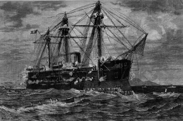 Barco atacado por torpedeiros (século XIX). Gravura após a pintura de Pierre Emile de Crisenoy (século XIX) em "The Illustrous World" n°1220 de 14 de agosto