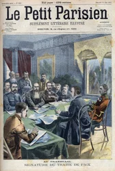 Guerra dos bôeres. A assinatura do tratado de paz Transvaal entre os chefes bôeres e o general britânico Horatio Herbert Kitchener (1850-1916) em Pretória, África do Sul. Gravação em "Le Petit Parisien".
