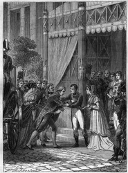Bonaparte e Josefina de Beauharnais recebem o jovem rei da Etrúria, Luís I (Luís I de Bourbon ou Ludovico I de Borbone) (1773-1803), acompanhados por sua esposa, Marie Louise (Marie Louise) de Bourbon (1782-1824), em sua casa em Malmaison, em julho de 180