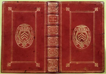 Capa de livro dos Anais de Tácito com o brasão de Armand-Jean du Plessis, Cardeal Richelieu (1585-1642) (couro vermelho e ouro)