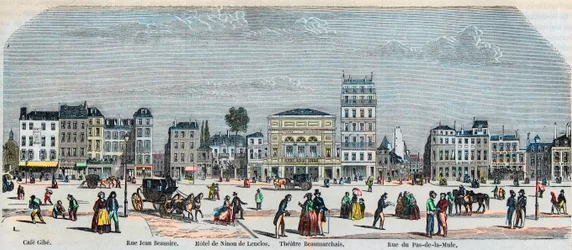 Boulevard Beaumarchais lado sul - Café Gibe - Hotel de Ninon de Laclos - Teatro Beaumarchais - Rue pas de la mule - Gravura em "Tableau-de-Paris" de Edmond Texier 1852