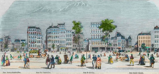 Boulevard Beaumarchais South side - rue Neuve-Saint-Gilles - Rue des Tournelles - Rue de Harlay - Rue Saint-Claude - Gravação em "Tableau-de-Paris" de Edmond Texier 1852