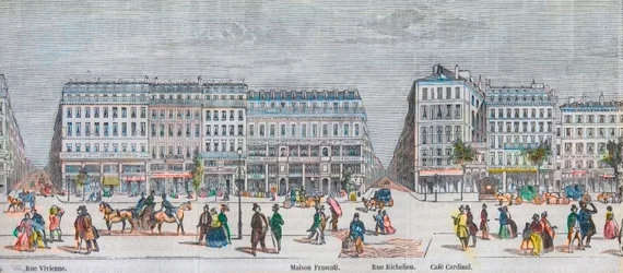 Boulevard Montmartre south side e boulevard des Italians south side - Rue Vivienne - Maison Frascati - Rue Richelieu - café Cardinal - Gravura em "Tableau-de-Paris" de Edmond Texier 1852