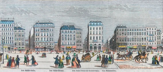 Boulevard Poissonniere - Rue Saint Barbe - Rue Saint Etienne - Rue notre dame de Reouvrance - Rue Poissonniere - Gravado em "Tableau-de-Paris" por Edmond Texier 1852