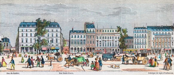 Boulevard Poissonniere South side - Rue du Sentier - Rue Saint Fiacre - Gravação em "Tableau-de-Paris" de Edmond Texier 1852