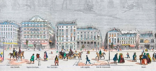 Boulevard des Italians cote sud - Rue Favart - Opera comique - Rue Marivaux - Café Anglais - Rue Grammont - Bazar - Gravura em "Tableau-de-Paris" de Edmond Texier 1852