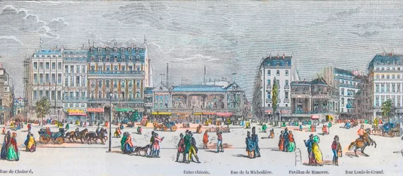 Boulevard des Italians cote sud e Boulevard des Capucines cote sud - rue de Choiseul - Bains chinois - rue de la Michodiere - Pavillon de Hanover - rue Louis-le-Grand - Gravura em "Tableau-de-Paris" de Edmond Texier 1852