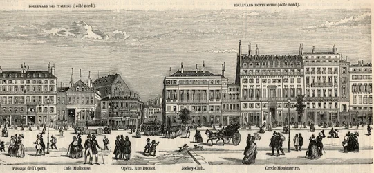 Boulevard des Italiens e boulevard Montmartre - Café Mulhouse - Cercle Montmartre - Jockey club - Gravação em "Tableau-de-Paris" de Edmond Texier 1852 -