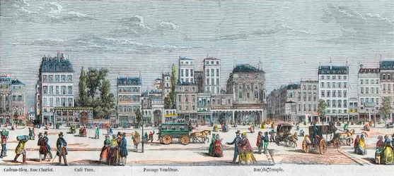 Boulevard du Temple cote sud - Rue Charlot - Cafe Turk - Passage Vendome - Rue du Temple - Gravura em "Tableau-de-Paris" de Edmond Texier 1852