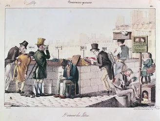Bouquinistes ao longo das margens do rio Sena, em Paris, início do século XIX