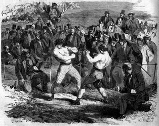 Luta de boxe entre o inglês Thomas Sayers (1826-1865) e o americano John Carmel Heenan (1833-1873) em Aldershot, Inglaterra, 17 de abril