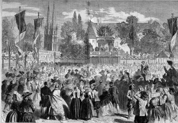 Bola Bretã no campo de batalha em Quimper (Finistere, 29) na presença de Napoleão III (1808-1873) e da Impressora Eugenie (1826-1920). Gravura em "Le Monde Illustré" n°72 de 28 de agosto