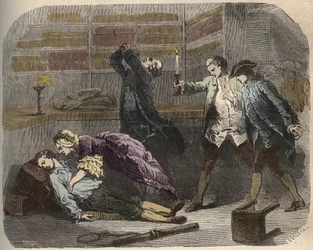 Caso Calas: em 13 de outubro de 1761, Marc Antoine Calas encontrado morto na boutique da família em Toulouse - Gravura em "Causes celebres de tous les peuples" de Armand Fouquier (1817-18?) 1858-1867 - coleção particular