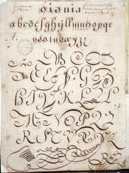 Caligrafia: Peça de manuscrito redonda sobre velino adornado com arabescos por volta de 1813 por Sebastien Royllet.Biblioteca Histórica da Cidade de Paris