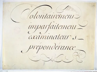 Caligrafia: peça manuscrita de André François Roland, por volta de 1670. "intencionalmente, imperfeitamente, examinadores, preponderância".