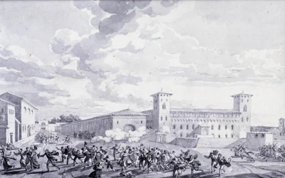Campanha de Itália: vista da revolta da cidade de Paris contra a ocupação francesa em maio de 1796. Desenho anónimo. Paris, Museu do Louvre