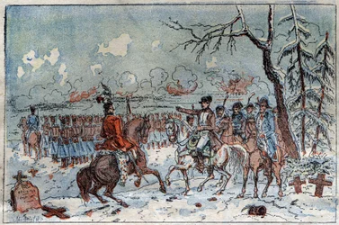 Campanha da Prússia e da Polônia (1806-1807): "Napoleão I (1769-1821) no campo de batalha de Eylau em 08/02/1807 ordenou a Murat que repelisse a cavalaria russa. Gravura do século XIX.