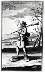 Canadense com raquetes de neve indo para a guerra na neve, de Histoire de lAmerique septentrionale por Bacqueville de La Potherie (1663-1736) publicado em 1753