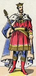 Dinastia Capetian: Retrato de Filipe I da França (1052-1108) rei dos Francos de 1060 a 1108. Imagem epinal do final do século XIX. Coleção particular.