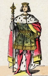 Dinastia dos Capetianos: Retrato de Filipe IV da França, conhecido como Filipe o Bel (1268-1314), rei dos Francos de 1285 a 1314. Imagem epinal do final do século XIX. Coleção particular.