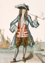 Capitão Jean Bart, de Dunkerque 88: O Capitão Jean Baert de Dunquerque, o capitão da frota, está fumando um longo cachimbo nas docas; Jean Bart (1651-1702), marinheiro flamengo w