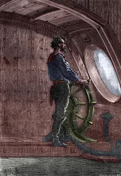 Capitão Nemo ao leme do Nautilus, de "Twenty Thousand Lieues Sous Les Mers" de Júlio Verne