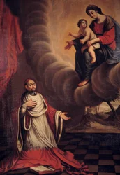 O Cardeal Berulle (1575-1629) ajoelha-se perante a Virgem Pintura da Escola Francesa. Coleção Particular do século XVII