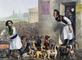 Caricatura de parisienses a lidar com cães raivosos, c. 1840