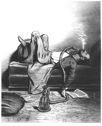 Caricatura do escritor romântico buscando sua inspiração no haxixe, c. 1849